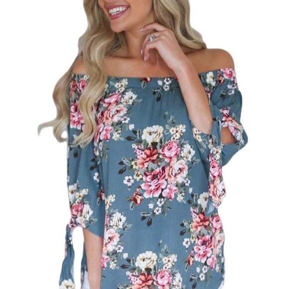 AlvaQ Off The Shoulder Blue Floral Top - Picture 3 of 8